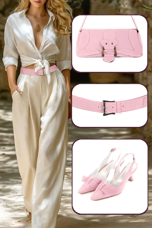 Women's light pink elegant slingback heels, with a bow on the front. Tapered toe. Medium spool heels - Top view